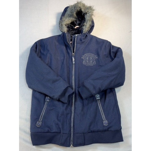 Vintage Pelle Pelle Wool Poly Jacket XL Blue Parka Fur Trimmed Hood Embroidered‎